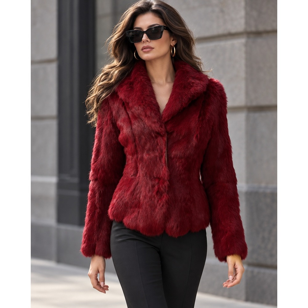Kikiriki Burgundy Genuine Rabbit Fur Jacket Wine Red Notched Collar Small